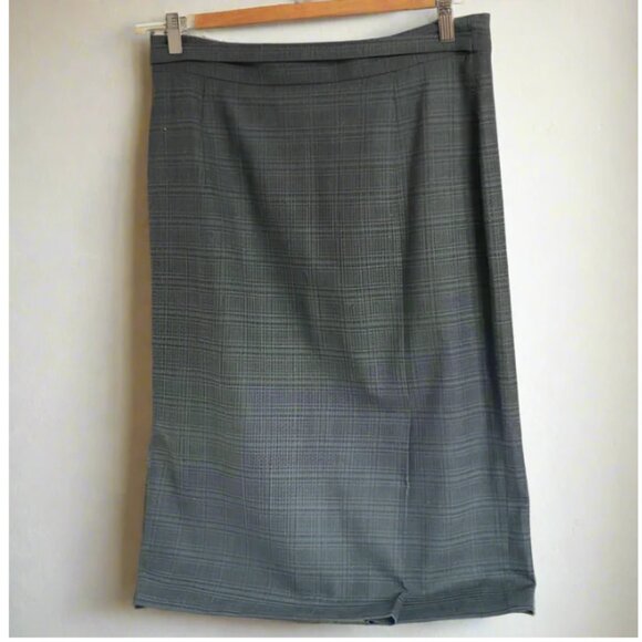 Max Mara Midi Skirt Large Green Plaid Wool Blend Straight Belted Lined Large - Picture 3 of 10